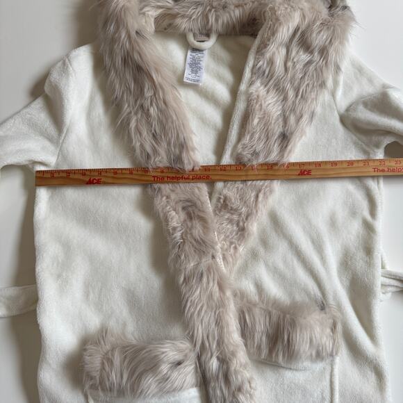 Pottery Barn PB Teen Faux Animal Fur Trim Hooded Robe Ombre Ivory Belt Tie EUC - Picture 11 of 12